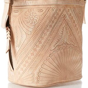 Hand Tooled Leather Bucket Bag, Western Boho Drawstring Crossbody Purse Handmade Beige