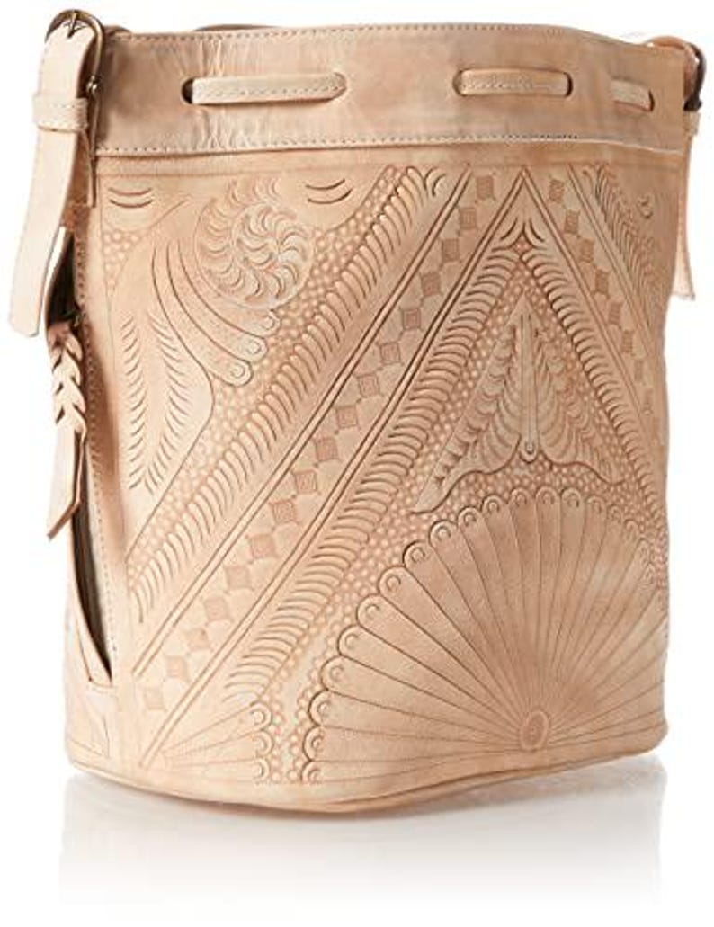 Hand Tooled Leather Bucket Bag, Western Boho Drawstring Crossbody Purse Handmade Beige
