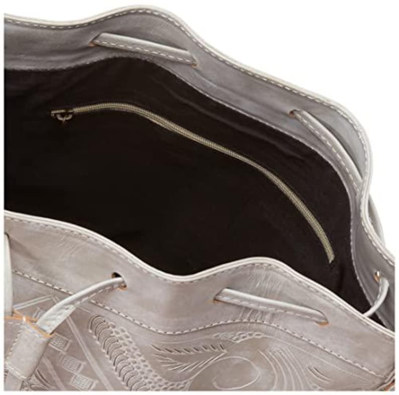 Hand Tooled Leather Bucket Bag, Western Boho Drawstring Crossbody Purse Handmade image 14