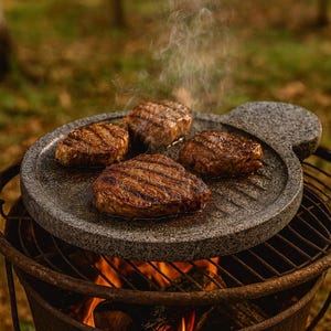 May include: Four grilled steaks on a grey stone cooking surface, with grill marks visible. The steaks are on top of a metal grill over a fire. Steam rises from the cooked meat, indicating it is hot and freshly cooked. The background is blurred, suggesting an outdoor setting.