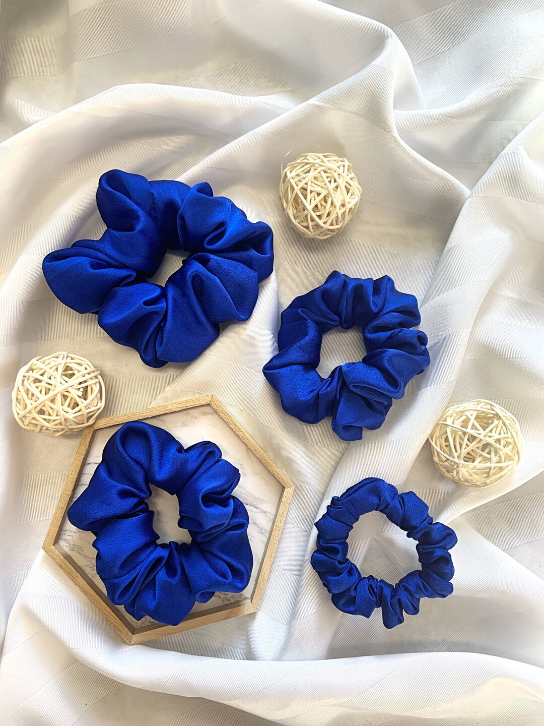 Pure Silk Scrunchie Silk Hair Womens Hair Scrunchies 3 Sizes Cobalt