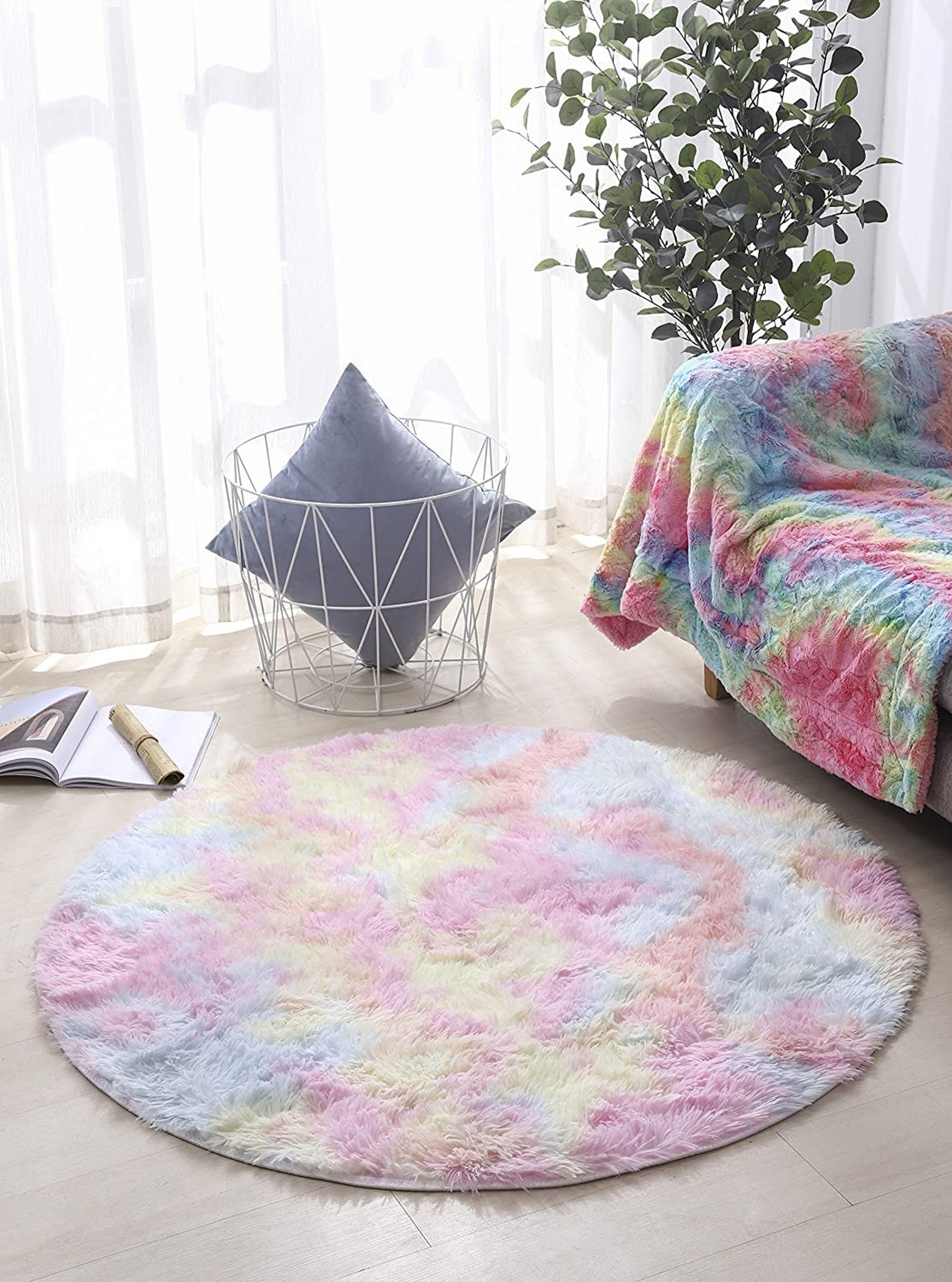 Colorful Rainbow Fluffy Shag Round Area Rug Pink Plush Carpet Etsy
