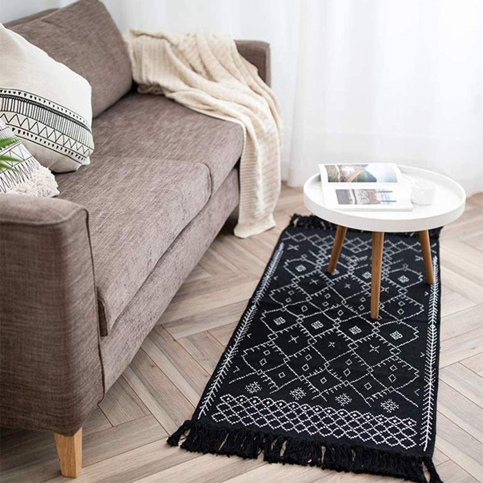 Boho Bathroom Rug Black and White Bath Mat Cotton Woven with Etsy