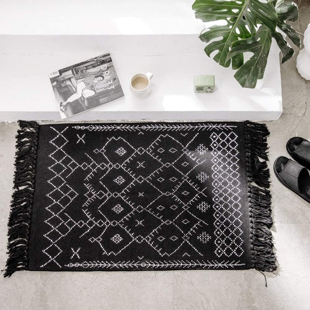 Boho Bathroom Rug Black and White Bath Mat Cotton Woven with Etsy