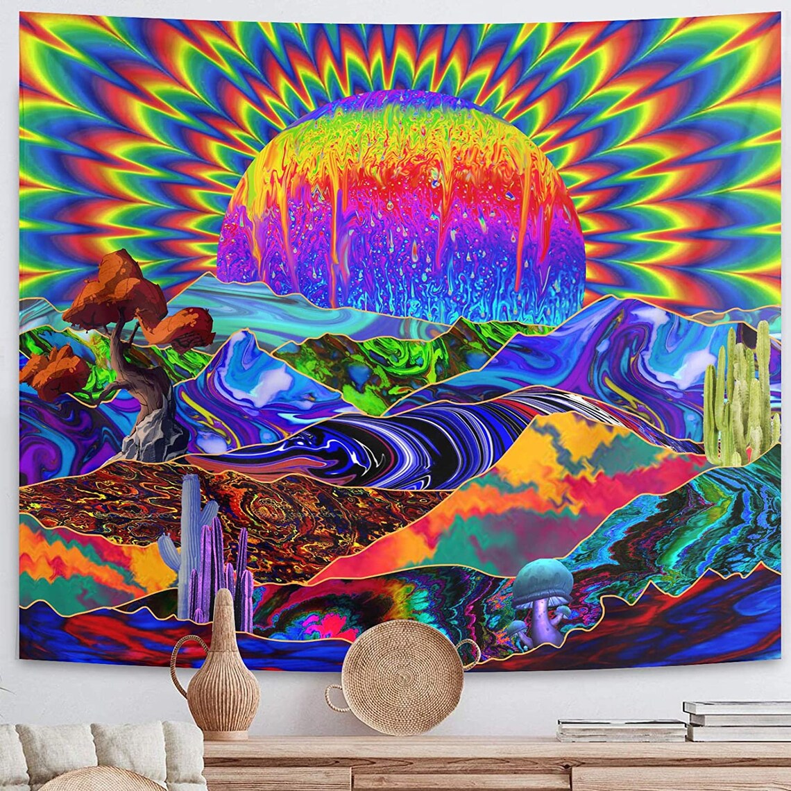 Trippy Tapestry Wall Hanging Psychedelic Colorful Sun Tapestry Etsy