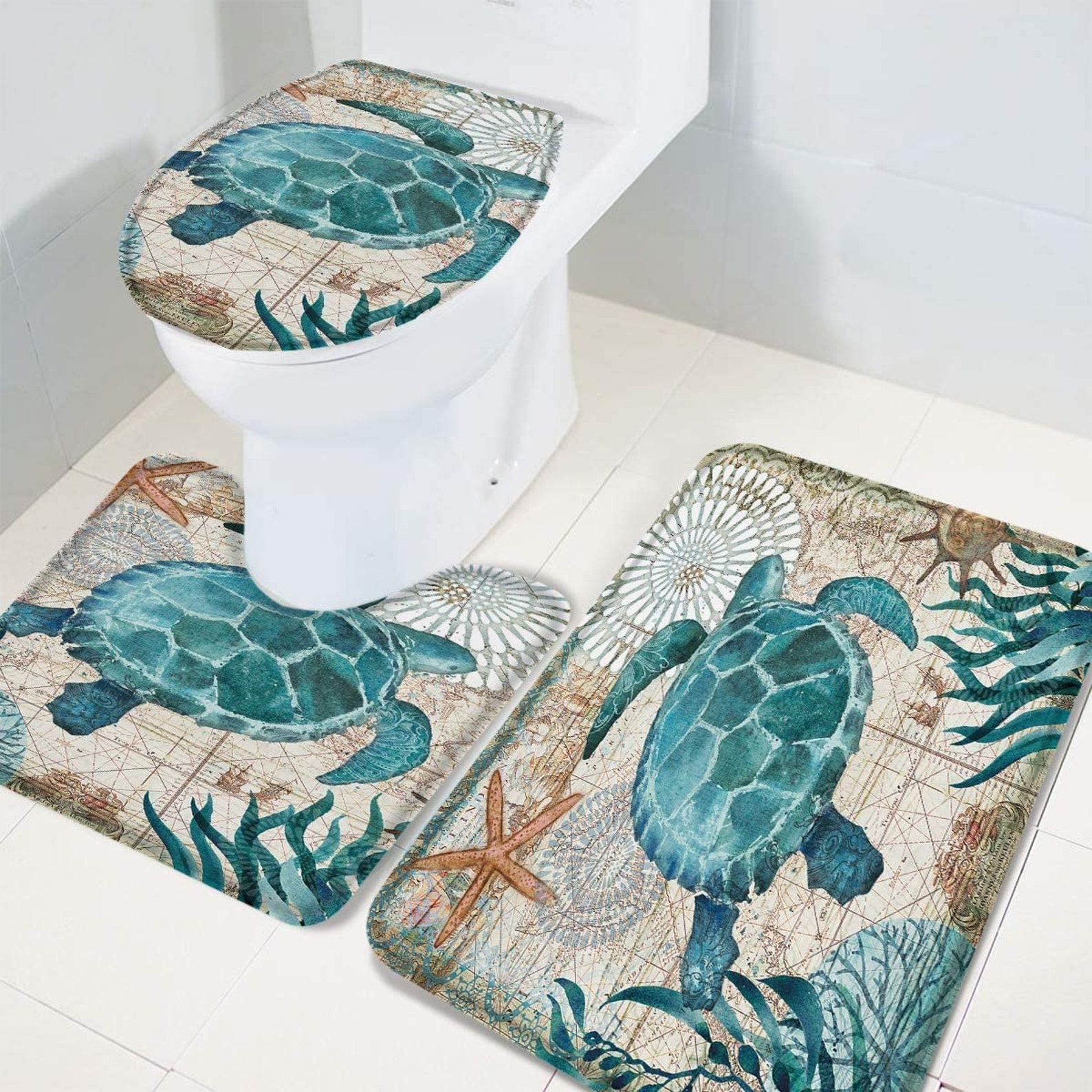 3 Pieces Bath Rug Set Toilet Seat Cover Sea Turtle Underwater Etsy