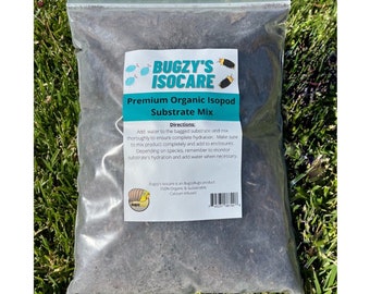 May include: A bag of Bugzy's Isocare Premium Organic Isopod Substrate Mix. The bag is white with a black label that says "Bugzy's Isocare" and "Premium Organic Isopod Substrate Mix". The label also includes directions for use.