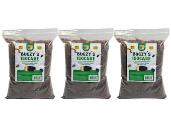 May include: Three brown bags of Bugzy's Isocare Premium Organic Isopod Substrate Mix. Each bag has a green label with the company logo and product name.