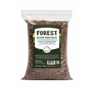 May include: A clear plastic bag filled with brown Forest Blend Substrate for tropical habitats. The label features the text Forest Blend Substrate, Moisture-Retaining Bedding for Tropical Habitats, and Net Volume: 4 Quarts, with an All-Natural Blend seal.
