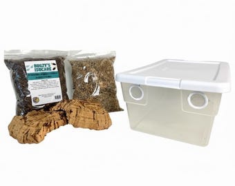 May include: A clear plastic terrarium with a white lid and ventilation holes, alongside bags of substrate and cork bark pieces. The bags contain dark and light brown materials. The label on one bag reads "Bugzy's Isocare".