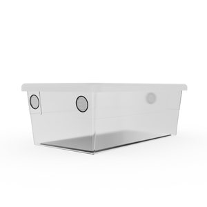 May include: A clear plastic storage bin with a white lid. The bin has two small holes on the side.