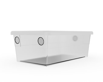 May include: A clear plastic storage bin with a white lid. The bin has two small holes on the side.