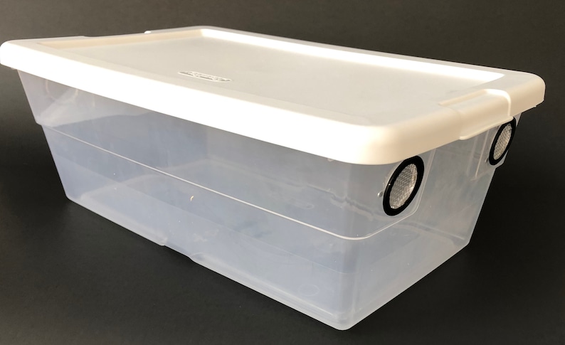 May include: A clear plastic storage container with a white lid. The lid has two round, black ventilation holes with mesh inserts.