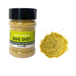 May include: A small jar of Bugzy's Isocare Bug Diet, a yellow powder formulated for isopods, millipede and springtails. The jar has a black lid and a green label with white text.
