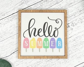 Mini Framed Summer Themed Sign // Hello Summer // Mini Summer Sign // Mini Summer Themed Sign // Miniature Wooden Framed Tier Tray Sign