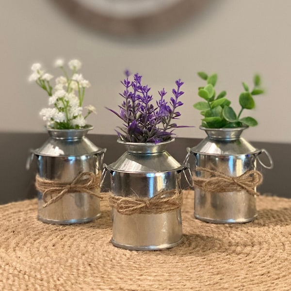 Mini Galvanized Metal Milk Can Floral Arrangement // Tiered Tray Decor // Shelf Decor // Country Farmhouse Decor // Floral Arrangements