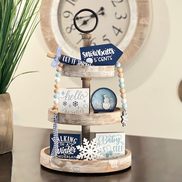 CONJUNTO // Decoração de Bandeja de Vários Andares com Tema de Inverno // Placas Decorativas para Bandeja de Vários Andares com Tema de Neve // Decoração de Bandeja de Vários Andares com Boneco de Neve // Conjunto de Decoração de Bandeja de Vários Andares com Flocos de Neve