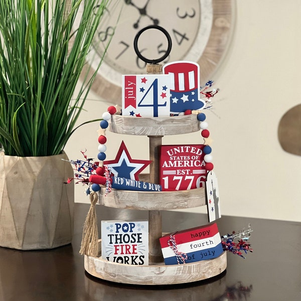 BUNDLE // Fourth Of July Tiered Tray Decor // 4th Of July Themed Signs // Tiered Tray Decor // Independence Day Themed Tiered Tray Decor