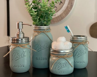 Mason Jar Bathroom Set // Set of 4 // Farmhouse Bathroom Set // Bathroom Decor