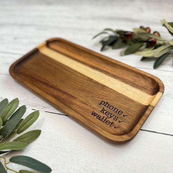 Acacia Wood Engraved Valet Tray // Wood Catch All Tray // Wood
