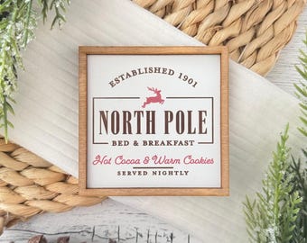 Mini Framed Christmas Sign // North Pole Bed & Breakfast Sign // Mini Christmas Sign // Framed Christmas Sign // Wood Framed Tier Tray Sign