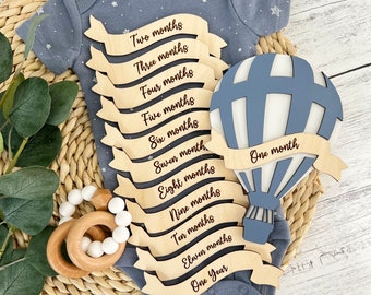 Hot Air Balloon Baby Monthly Milestone Set // Baby Monthly Milestone Set // Baby Photo Prop // Wooden Monthly Photo Markers // New Mom Gift