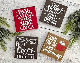 Tiered Tray Signs // Hot Cocoa Themed Signs // Wood Signs // Tiered Tray Decor // Christmas Decor // Christmas Shelf Sitter Signs