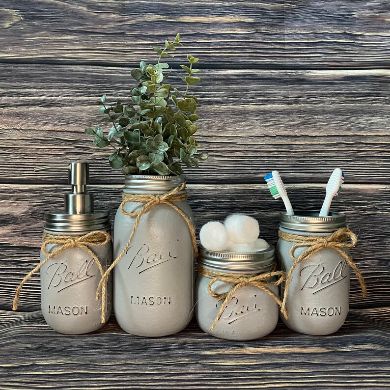 Mason Jar Bathroom Set // Set of 4 // Farmhouse Bathroom Set Etsy