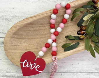Valentine&#39;s Day Wood Bead Garland // Farmhouse Beads // Tier Tray Decor // Valentine&#39;s Day Home Decor // Valentine&#39;s Day Decorative Garland
