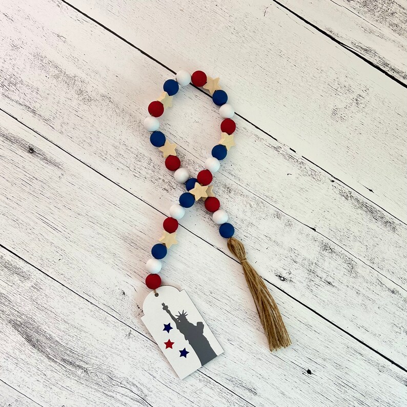 4th of July Wooden Bead Garland // Farmhouse Beads // Americana Decor // Tiered Tray Decor // 4th of July Home Decor // Decorative Garland image 3