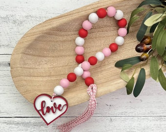 Valentine&#39;s Day Wood Bead Garland // Farmhouse Beads // Tier Tray Decor // Valentine&#39;s Day Home Decor // Valentine&#39;s Day Decorative Garland