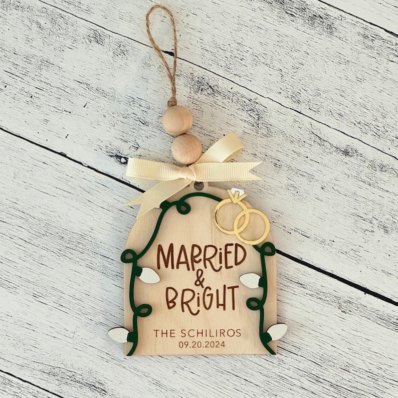 Newlywed Christmas Ornament // First Christmas Married Ornament // Wedding Ornament // Personalized Ornament // Married And Bright Ornament image 3