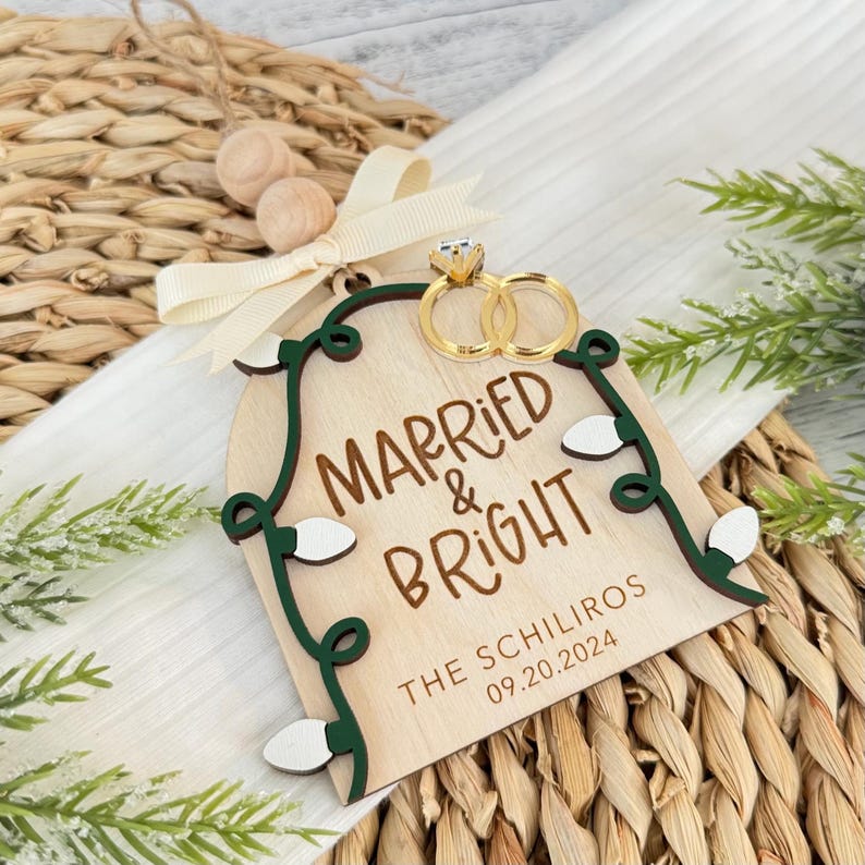 Newlywed Christmas Ornament // First Christmas Married Ornament // Wedding Ornament // Personalized Ornament // Married And Bright Ornament image 2