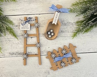 Winter & Snow Accent Tiered Tray Decor // Christmas Tiered Tray Decor // Tiered Tray Ladder // Tiered Tray Mini Scoop // Tiered Tray Fence