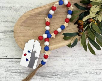 4th of July Wooden Bead Garland // Farmhouse Beads // Americana Decor // Tiered Tray Decor // 4th of July Home Decor // Decorative Garland