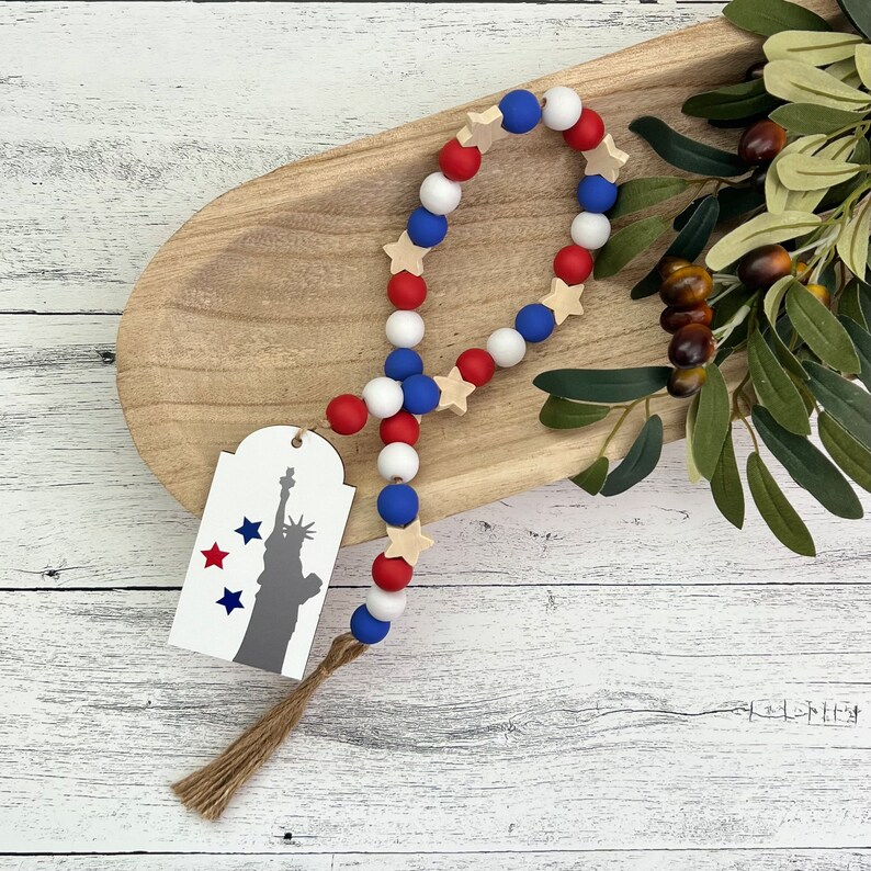 4th of July Wooden Bead Garland // Farmhouse Beads // Americana Decor // Tiered Tray Decor // 4th of July Home Decor // Decorative Garland image 1