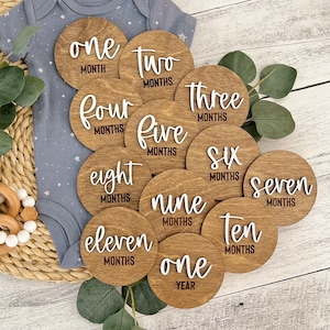 Baby Monthly Milestone Disc Set // Baby Photo Prop // Wooden Monthly Photo Markers // 12 Months Baby Milestone Disc Set // New Mom Gift image 1