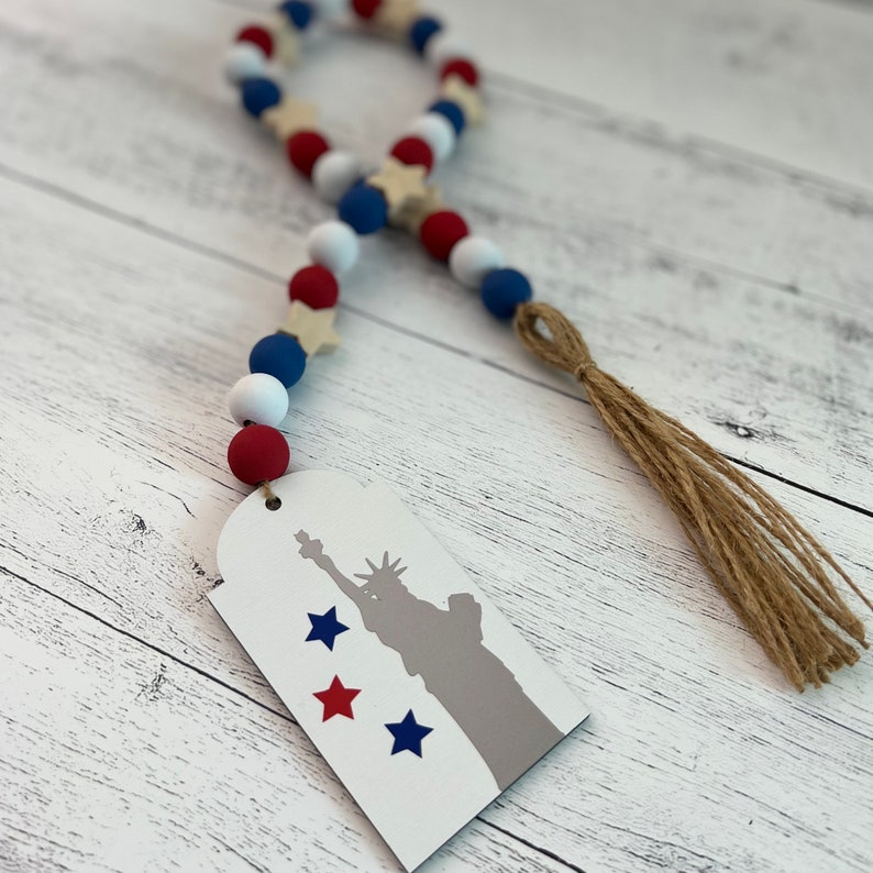 4th of July Wooden Bead Garland // Farmhouse Beads // Americana Decor // Tiered Tray Decor // 4th of July Home Decor // Decorative Garland image 4