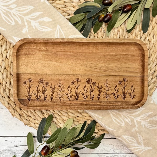 Acacia Wood Engraved Valet Tray // Wood Catch All Tray // Wood Valet Tray // Entryway Organizer // Desk Tray Organizer // Floral Print