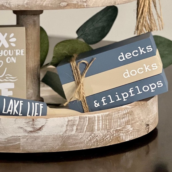 Mini Tier Tray Books // Lake Themed Mini Book Stack // Lake Themed Decor // Wooden Books // Tiered Tray Decor // Nautical Tier Tray Decor