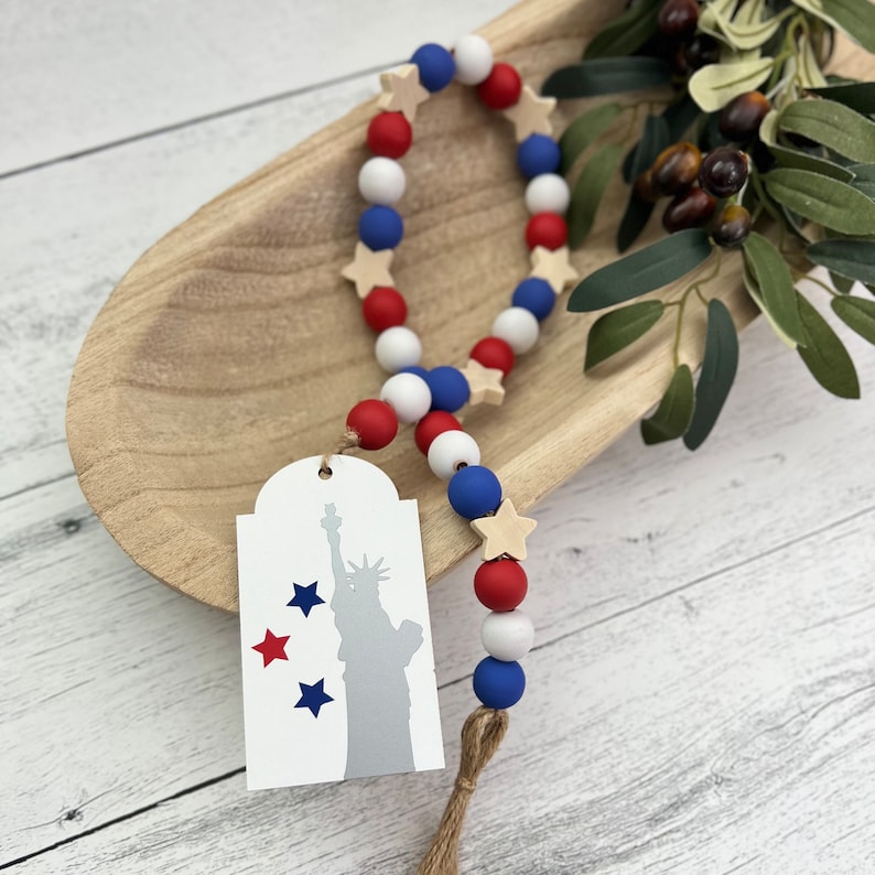 4th of July Wooden Bead Garland // Farmhouse Beads // Americana Decor // Tiered Tray Decor // 4th of July Home Decor // Decorative Garland image 2