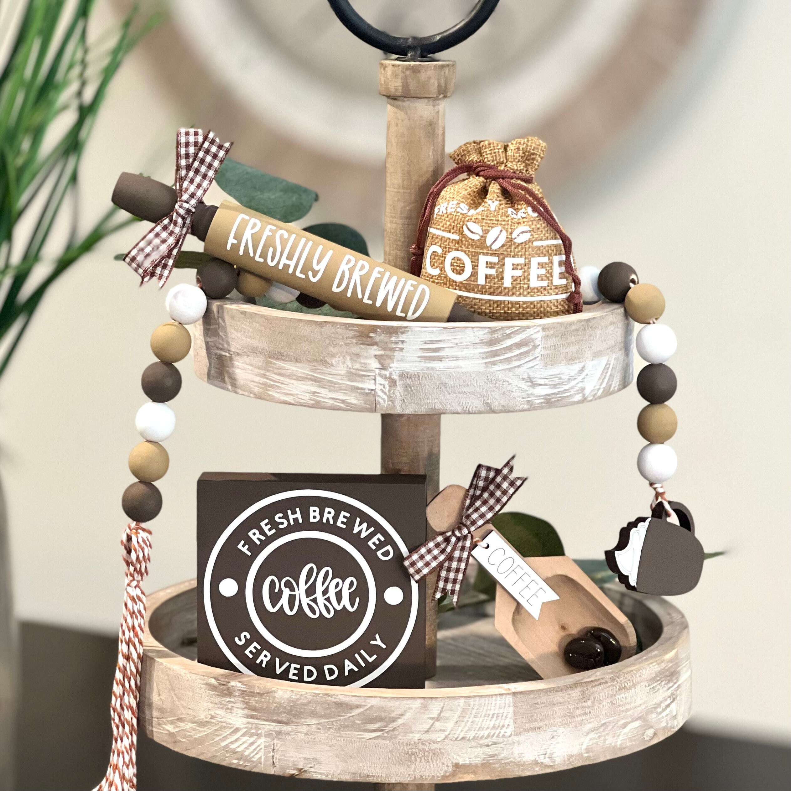 Wooden Coffee Bar Sign With LED Lights - Rustic Farmhouse Decor For Tiered Trays & Shelves