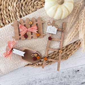 Fall Themed Accent Tiered Tray Decor // Autumn Tiered Tray Decor // Tiered Tray Ladder // Tiered Tray Mini Scoop // Tiered Tray Fence