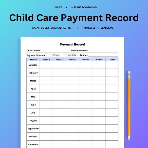 2024 Child Care Payment Record, Printable Payment Record for Child Care /Daycare Provider, Fillable Payment Record for Child Care Provider