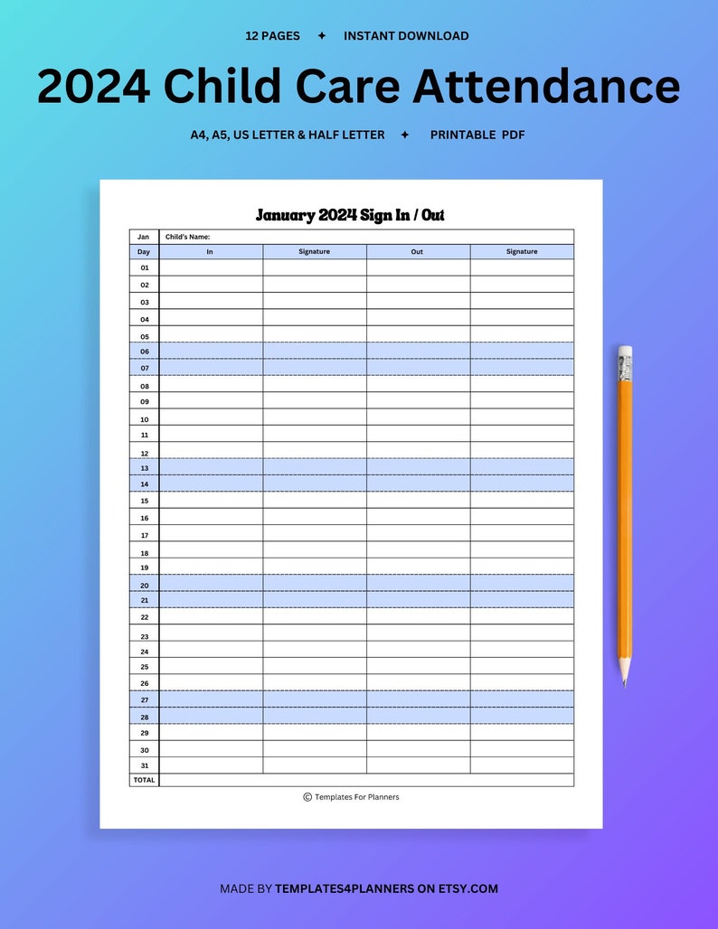 2024 Child Care Attendance, Printable Attendance Sheets for Child Care ...