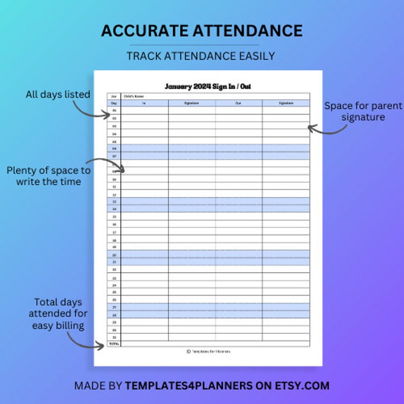 2024 Child Care Attendance, Printable Attendance Sheets for Child Care ...