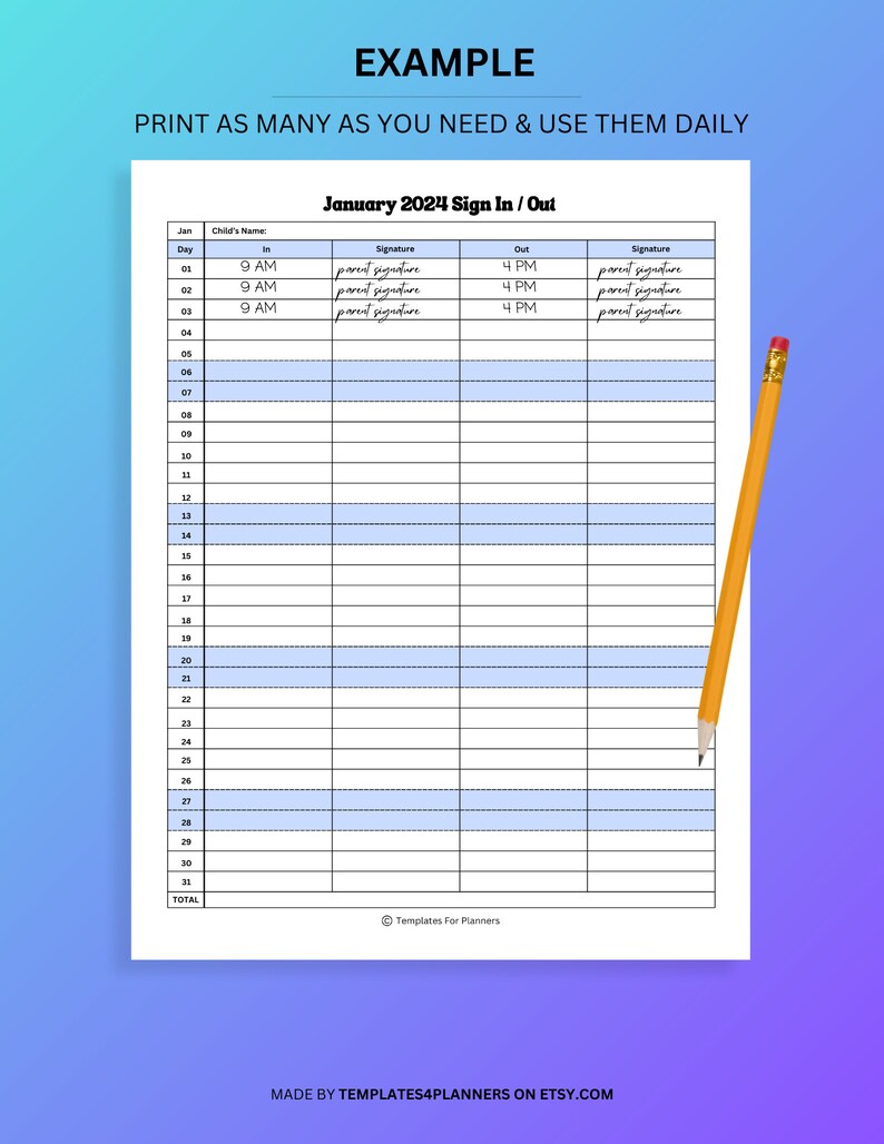 2024 Child Care Attendance, Printable Attendance Sheets for Child Care ...
