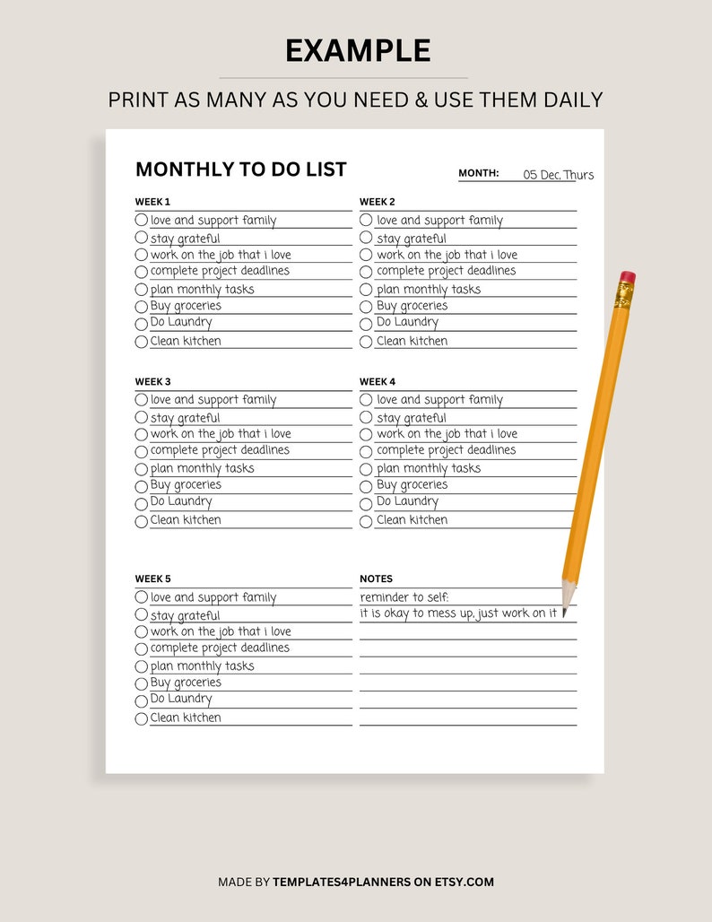 Monthly to Do List Printable, Daily to Do List for Work / Personal Life ...