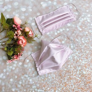 100% Supima Cotton luxury designer face mask with scalloped embroidery in soft pink, soft blue, soft gray