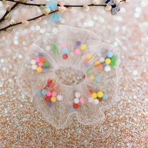 JUMBO scrunchie oversized Scrunchie large Scrunchie hair tie hair accessories white rainbow pompom Giant pom pom filled Scrunchie